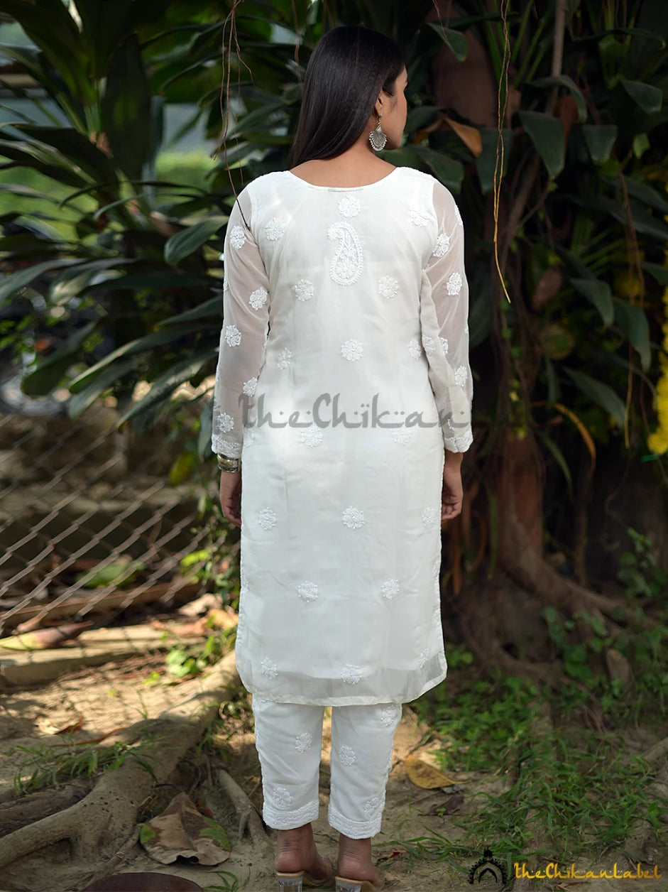 Lavangi Women's White Cotton Lucknow Chikan Embroidery Kurti